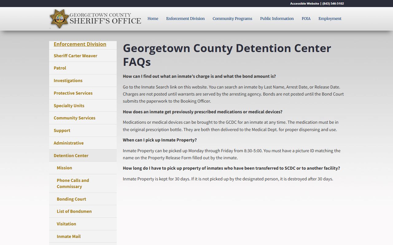Georgetown County arrest records detention center FAQ charges and bonds