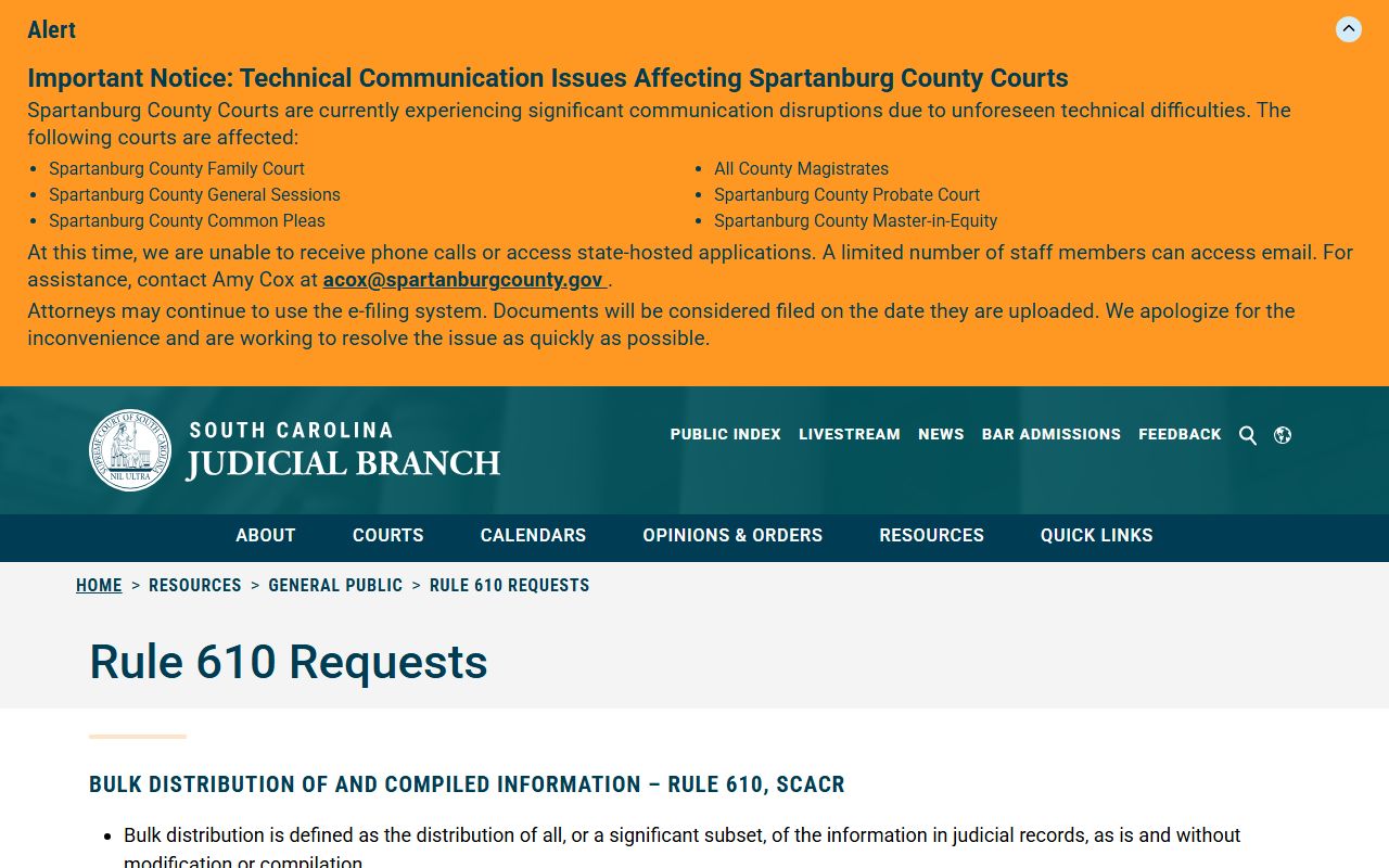Georgetown County court records Rule 610 request page