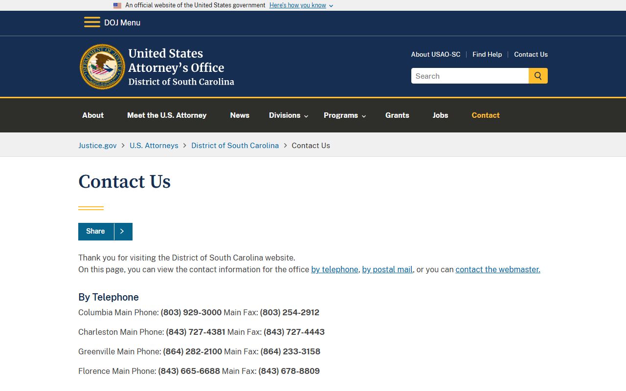 Georgetown County criminal court records U.S. Attorney contact page