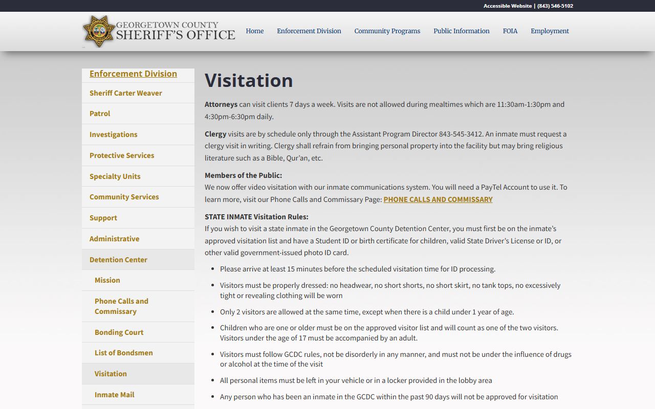 Georgetown County inmate records jail visitation rules