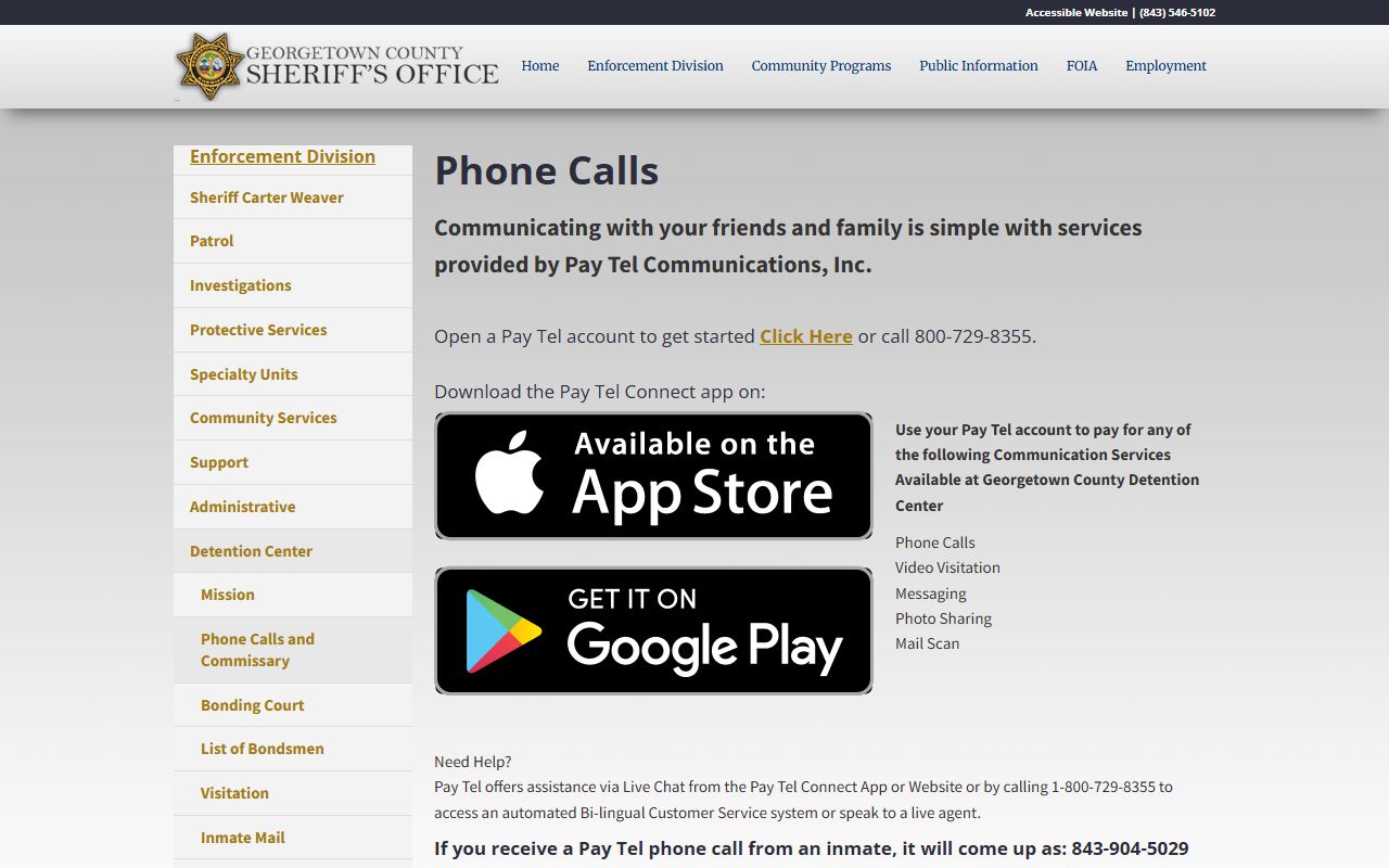 Georgetown County inmate records phone calls and commissary rules