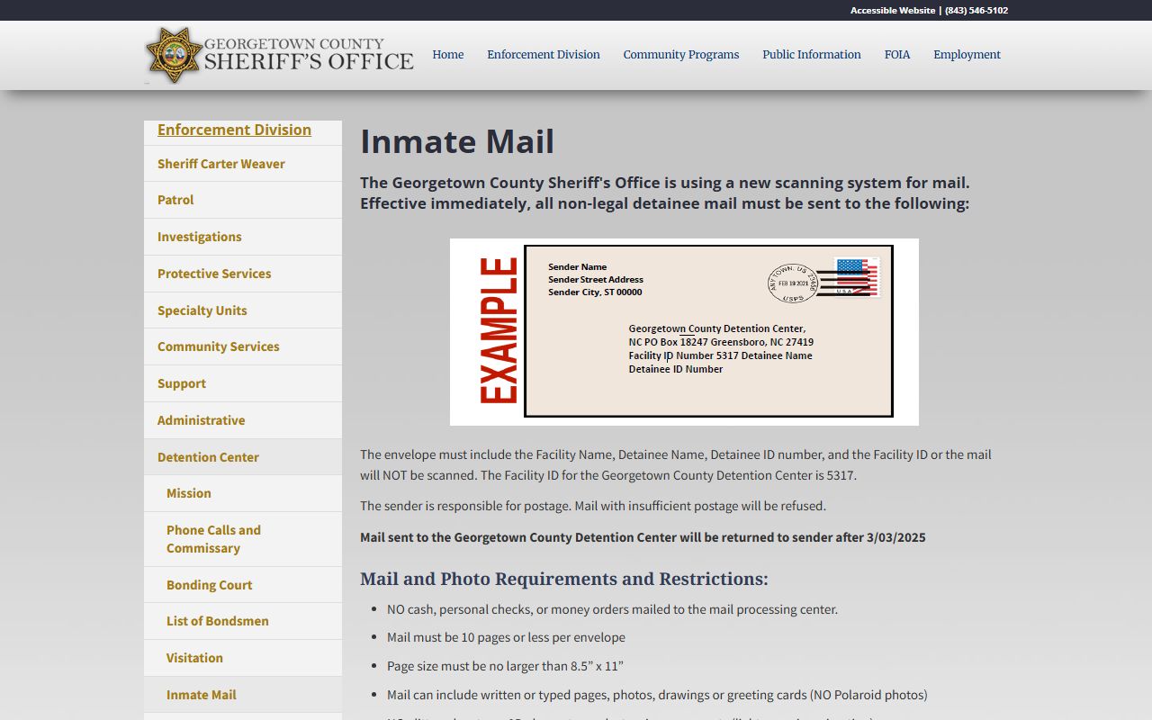 Georgetown County inmate records scanned mail rules