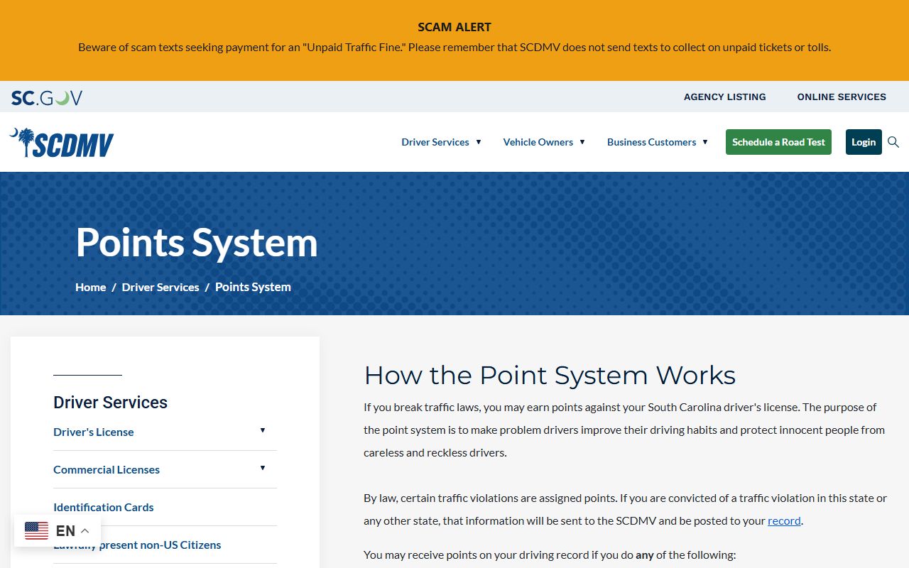 Georgetown County traffic court records SCDMV points system