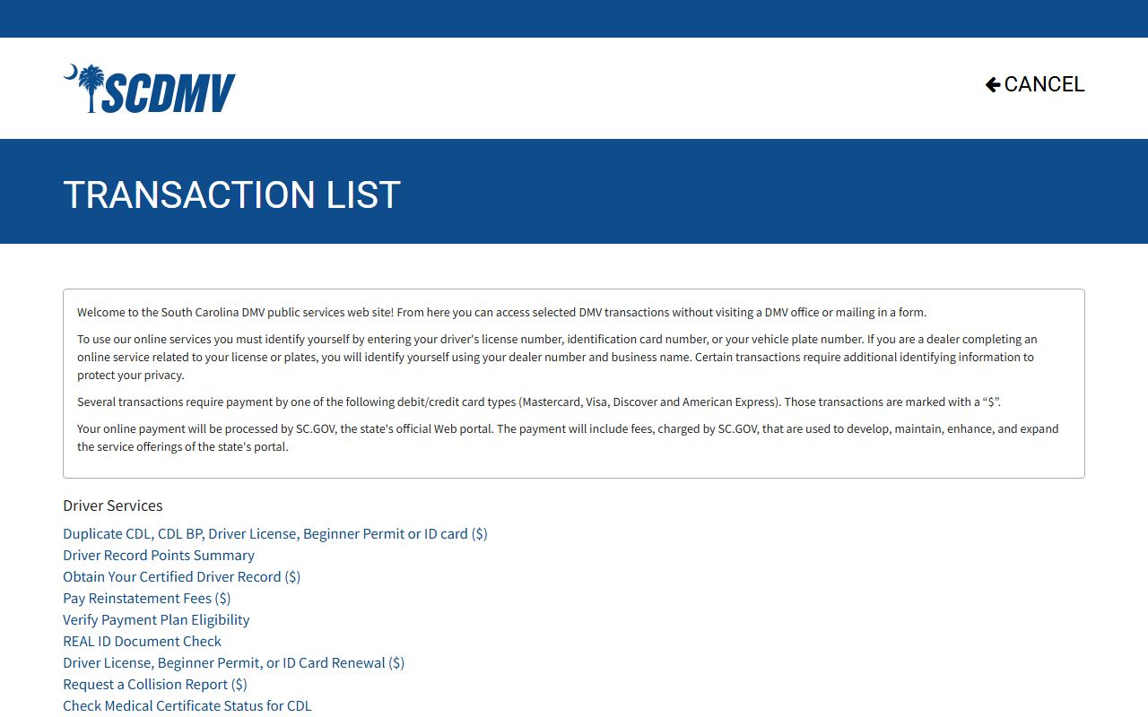 Georgetown County traffic court records SCDMV online transaction list