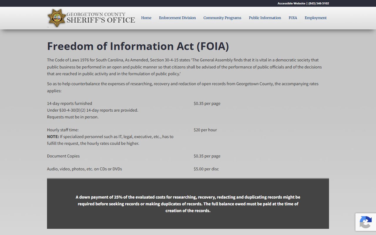 Georgetown County warrant records sheriff FOIA form